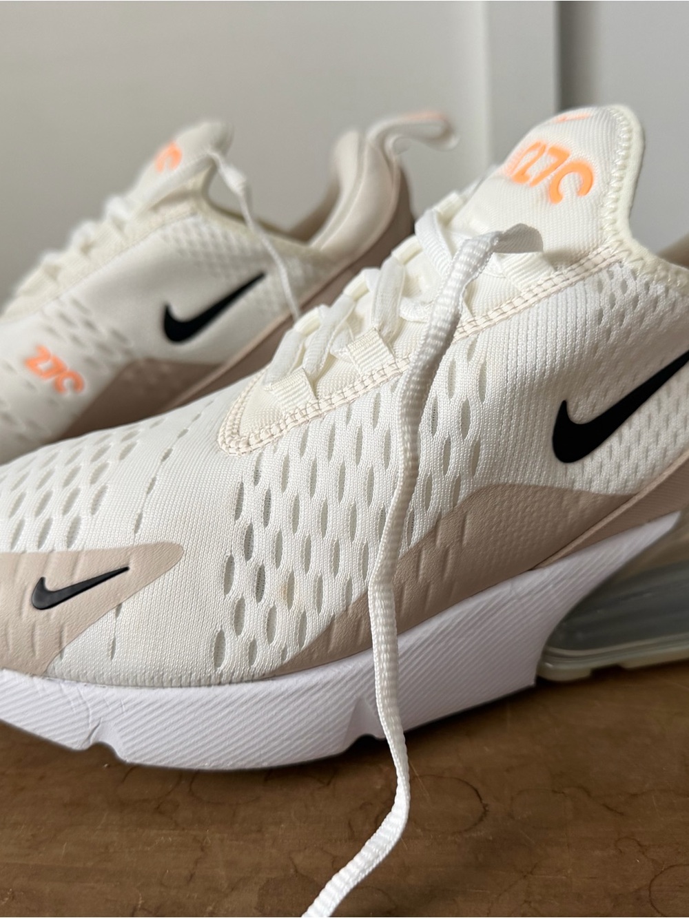 Nike Womens Air Max 270 Sneakers - White, Beige & Black with Orange Accents